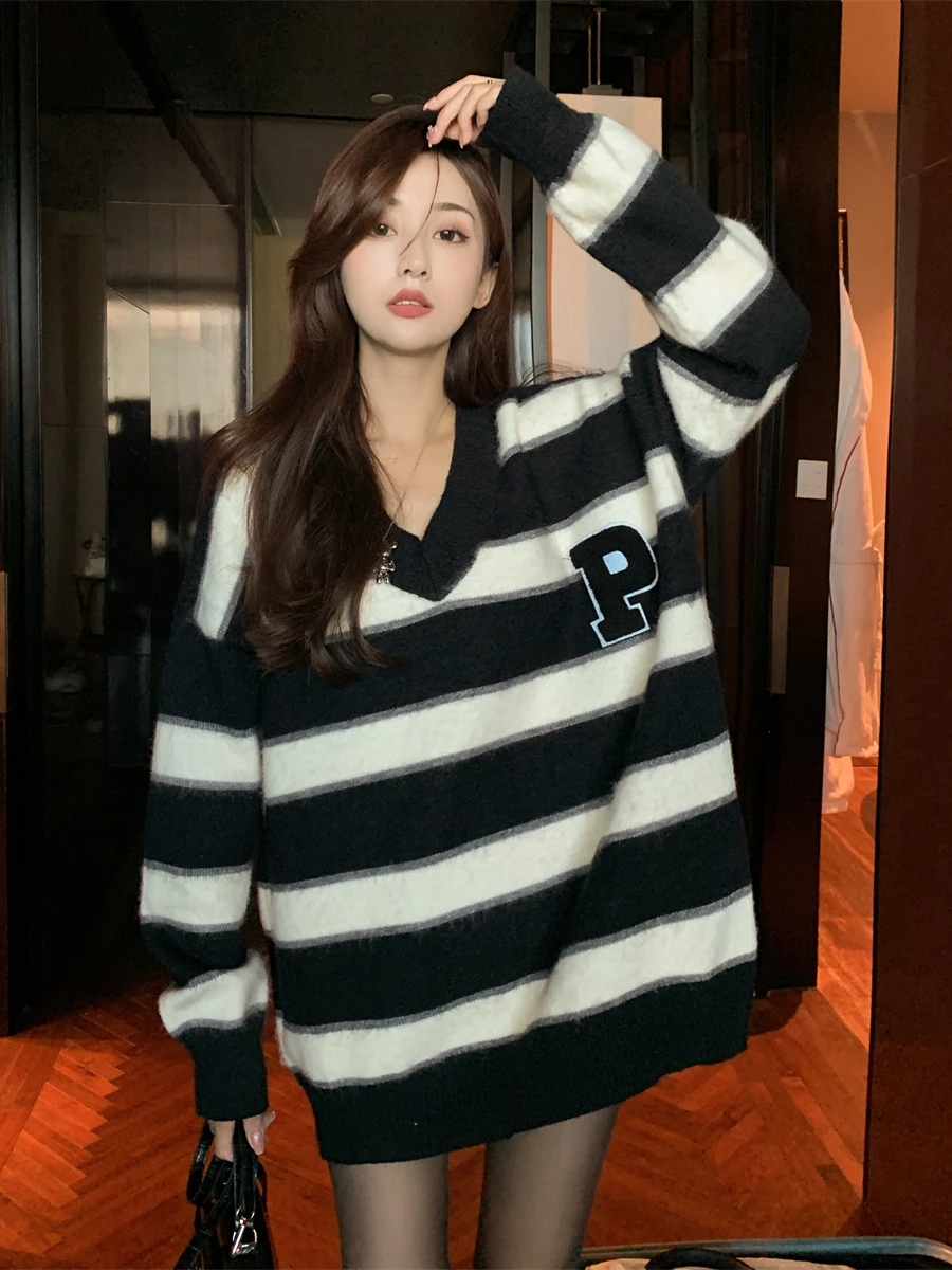 Korean Lazy Style Striped V-Neck Knitwear Women's Loose Slimming Long Sleeve Top Sweater Autumn Winter Straight Tube Shape