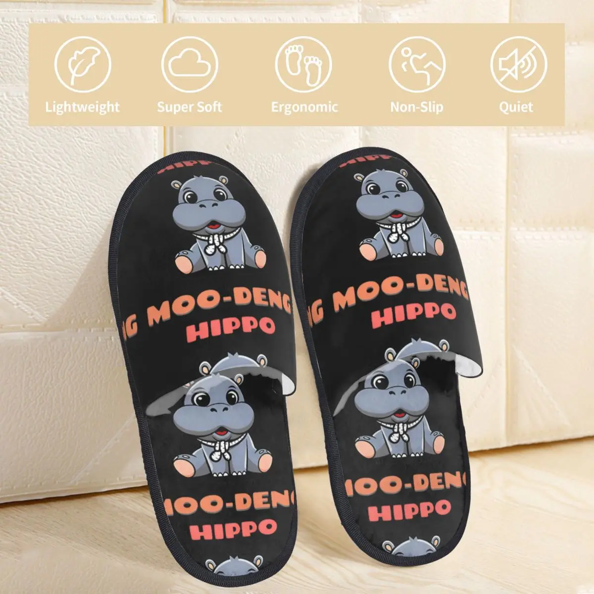 Moo Deng Cute Baby Hippo From Thailand House Slippers Indoor Soft Household Fur Slides Slippers Non-slip