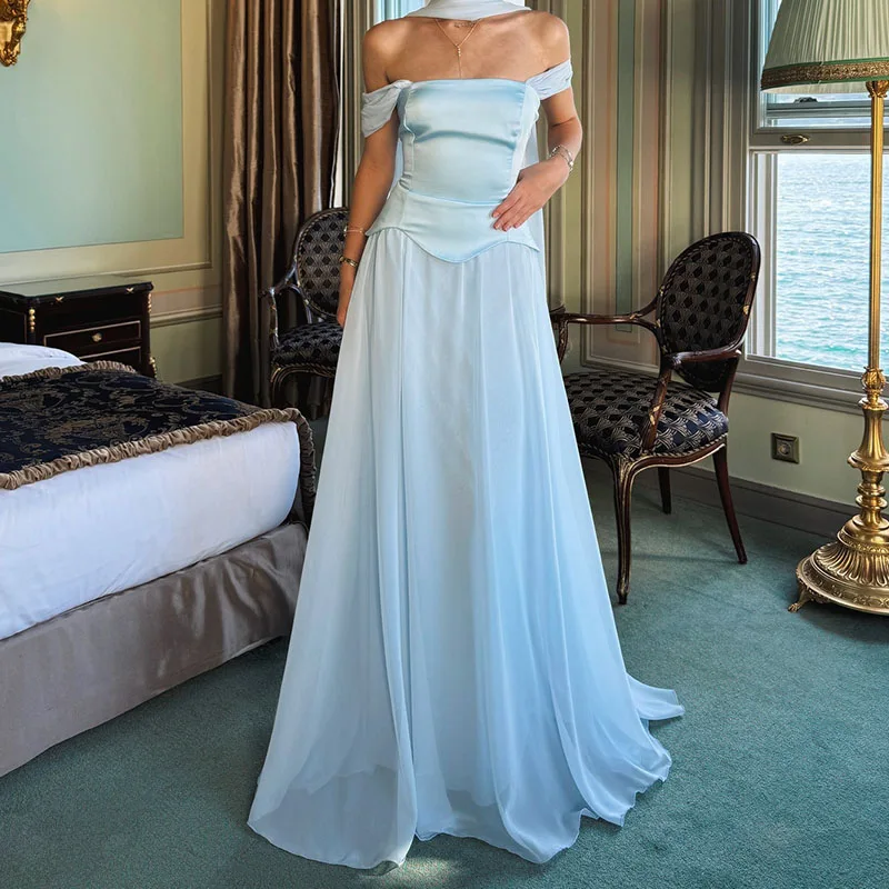 Dame Sexy Off Schulter Spleißen Taille Party Kleid Elegante Backless Kurzarm Abendkleid Mode Drapierte Feste Lange Kleider