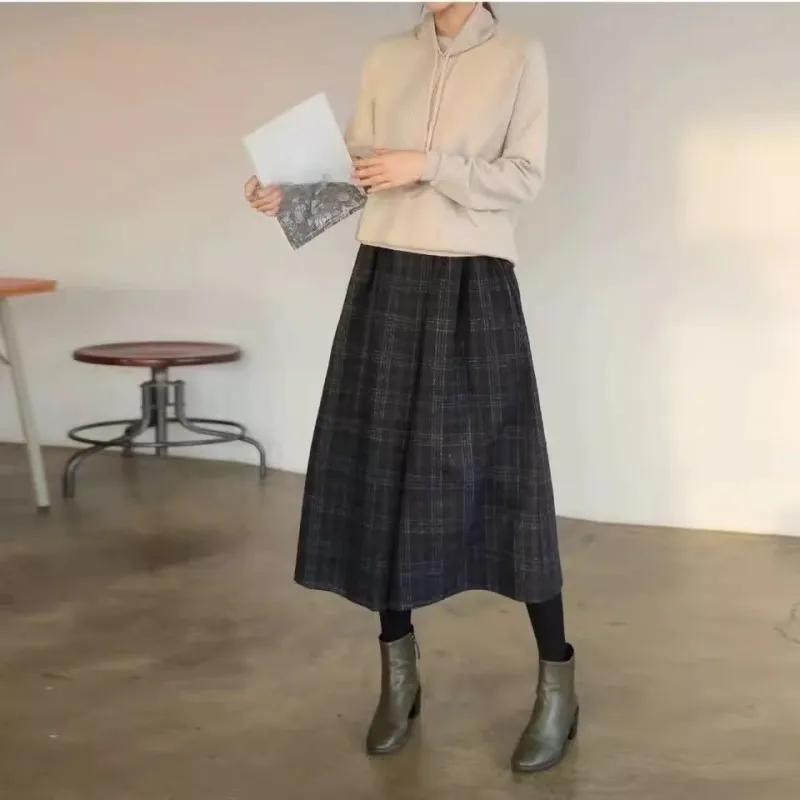 Checkered Woolen Wide Leg Pants For Women, 2024 Autumn And Winter New High Waisted Loose Fit Woolen Pants