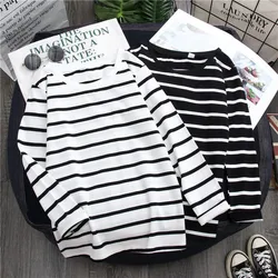 Women Loose Stripes Print Top Autumn Round Collar Long Sleeve Casual Simple Wild T-Shirt Female Black White Cotton Top Tee Shirt