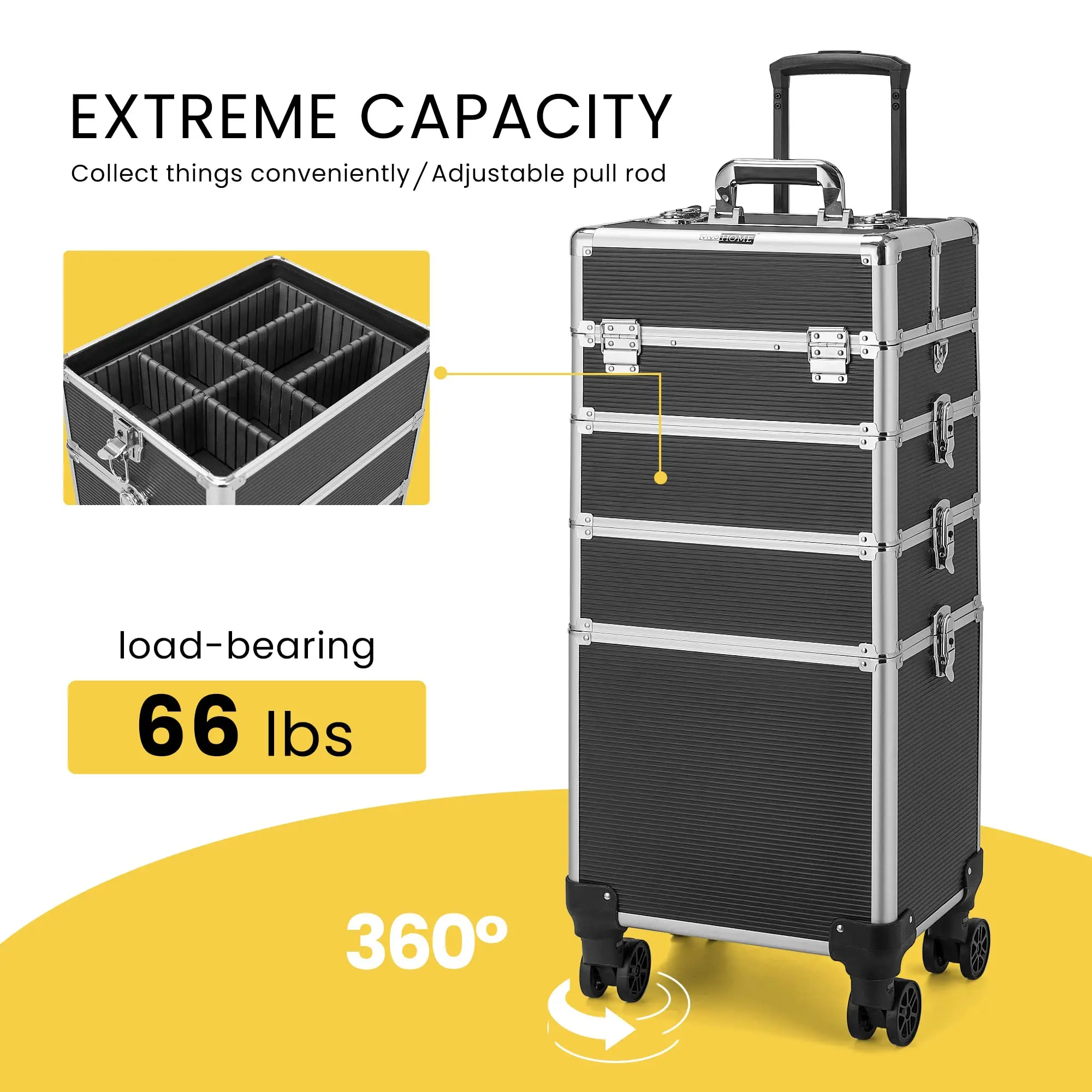 4 in 1 Aluminum Rolling Makeup Train Case Professional Pink Cosmetology Trolley with Wheels for Salon Artist Travel Storage