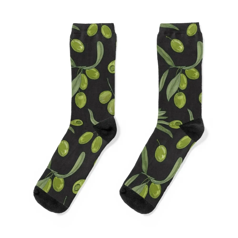 Green Olives with Leaves on Black Pattern Socks funny gift with print valentine gift ideas Girl'S Socks Men's