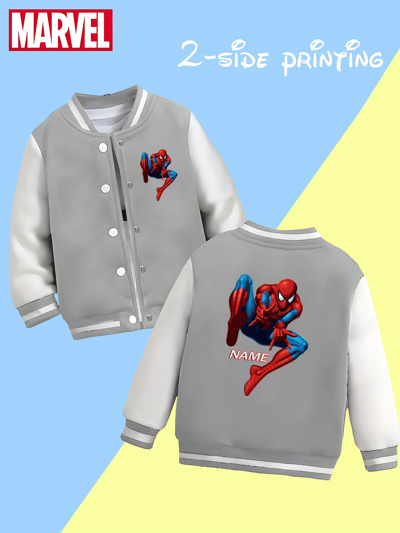 MINISO Marvel boys' baseball jacket - Spider-Man's dynamic pose print, double-sided to show the heroic vitality, school, daily p