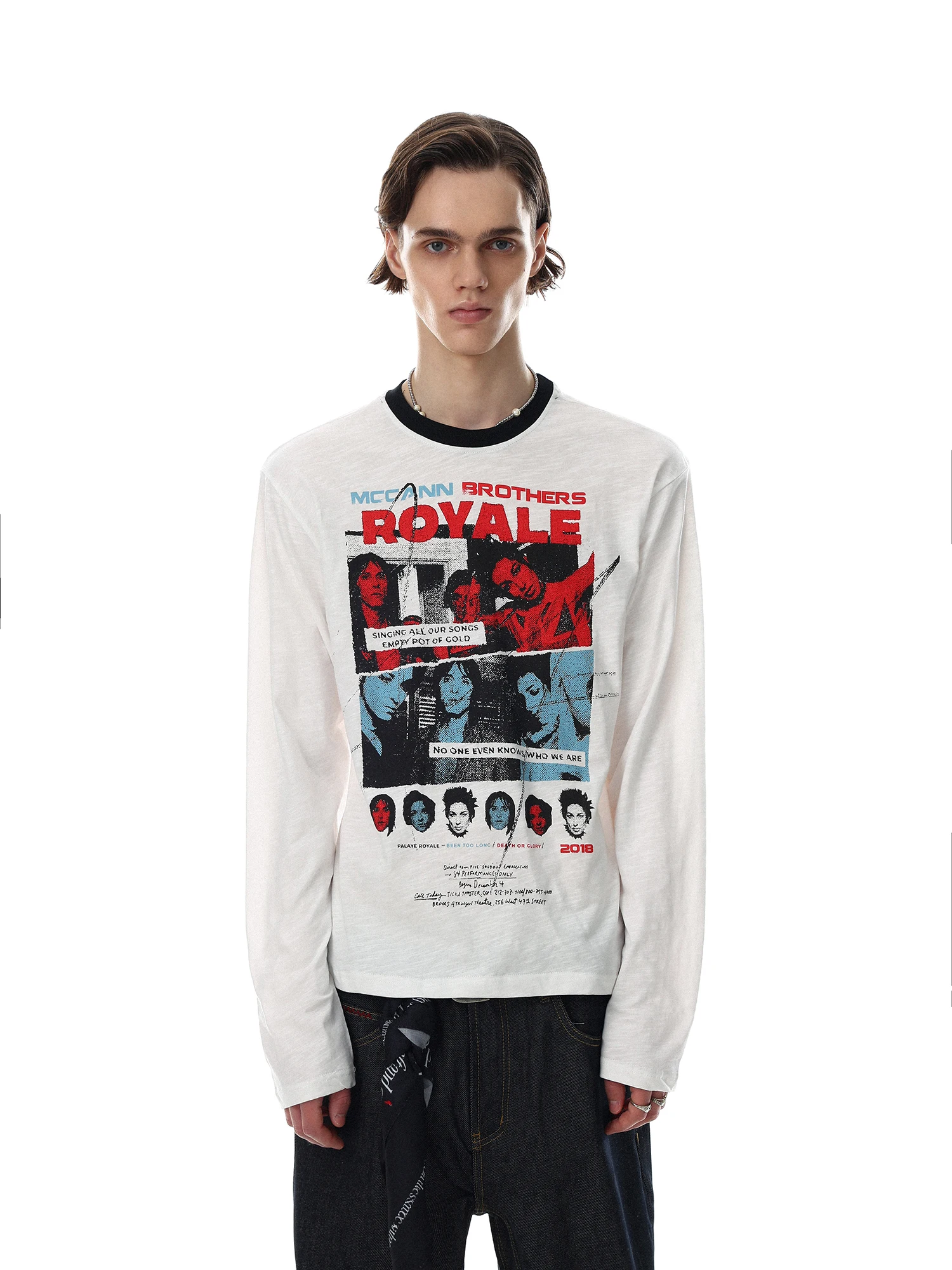 Street Style Rock Print Long Sleeve T-Shirt Men's Loose Fit round Neck Color Block Versatile Cotton Top MR NEARLY Brand