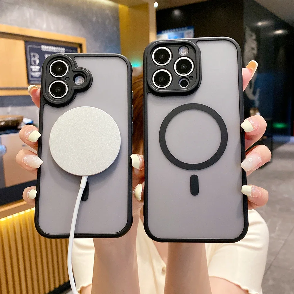 حافظات هاتف مدرعة شفافة غير لامعة لهواتف iPhone 16E 16 15 14 13 11 12 16 Pro Max Plus Magsafe غطاء صلب للشحن اللاسلكي