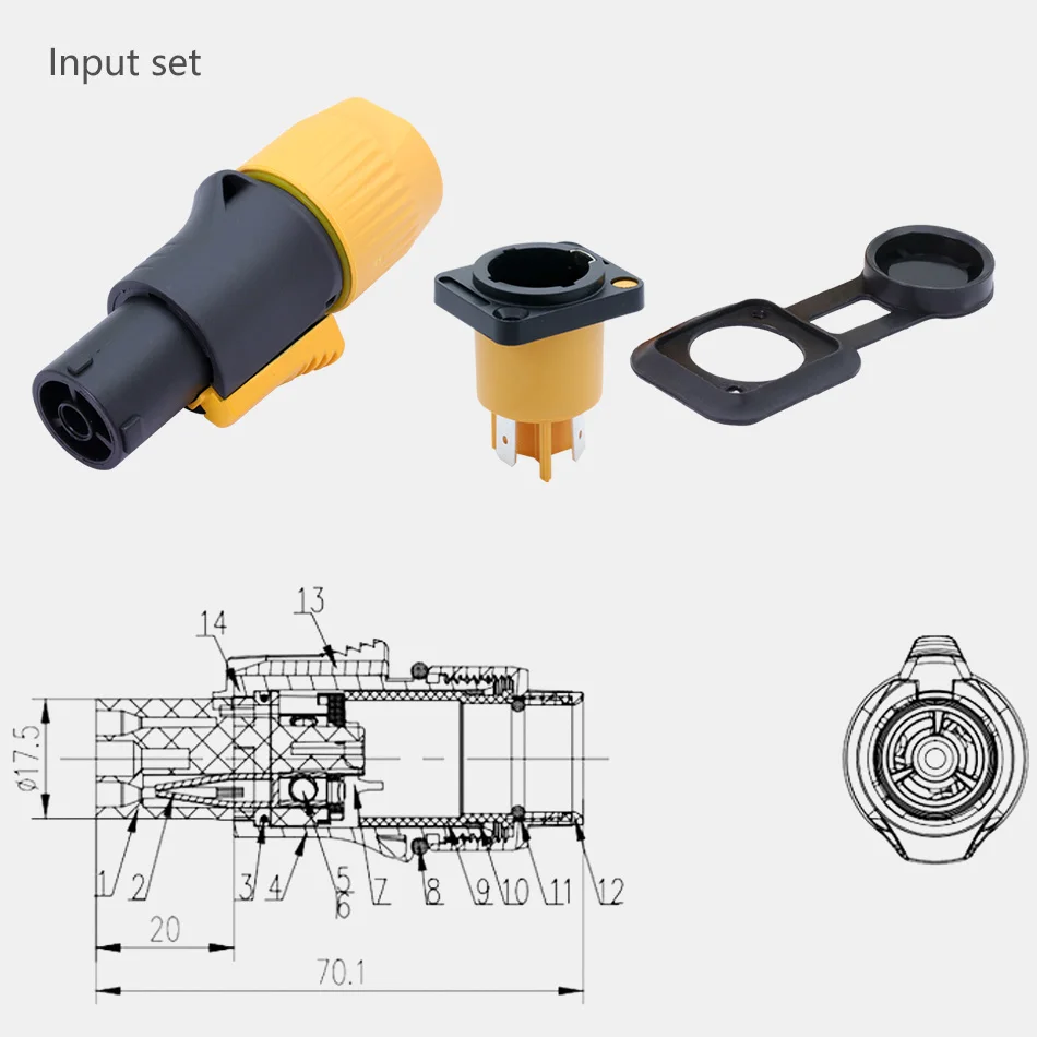 Conector PowerCON IP65 resistente al agua, conector macho NAC3FX-W NAC3MX-W PA66, Material IP65, resistente al agua, Color negro/naranja, 1 ud.