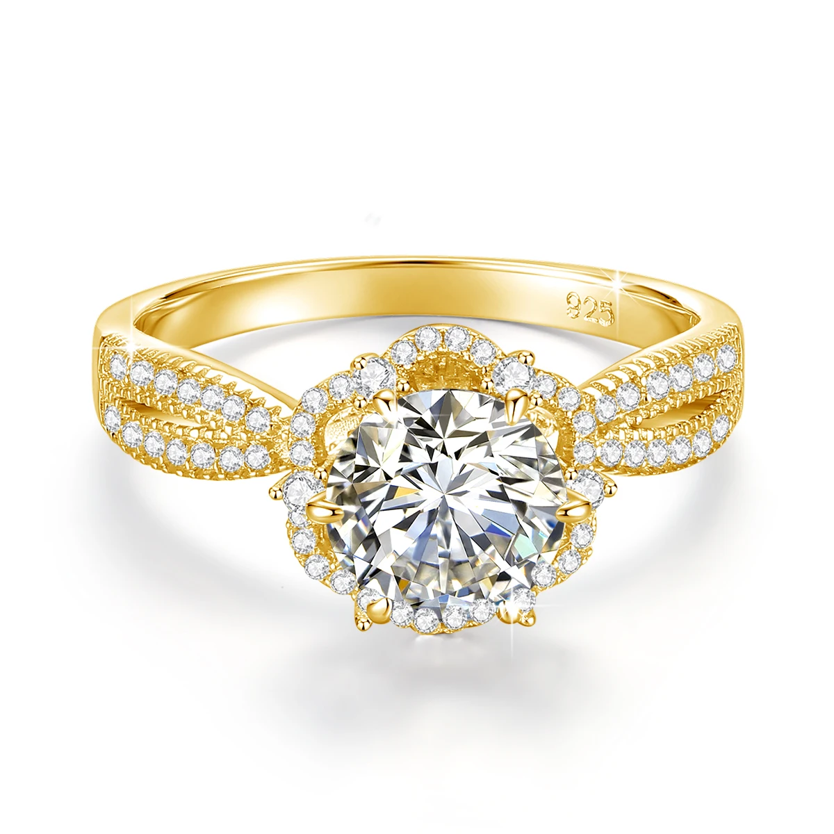 Vintage Kronen-Halo-Ring 18K vergoldet 925 Silber Runder Moissanit-Mittelstein Verlobungs- und Hochzeitsschmuck Geschenk für Frauen – Detail 3