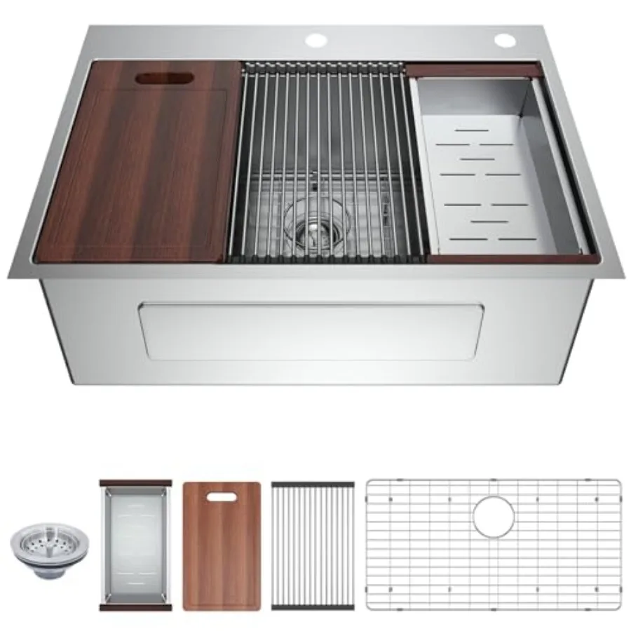 

33-inch Undermount Kitchen Sink Workstation with 33x22 Inch Drop In Sink T304 18 Gauge Stainless Steel Single Bowl Kitchen Sink