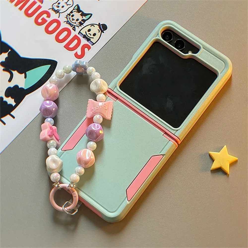 Luxury Shockproof Foldable Protection Case For Samsung Galaxy Z Flip 7 6 5 4 5G Cute Candy Hanging Rope Green Pink Phone Cover