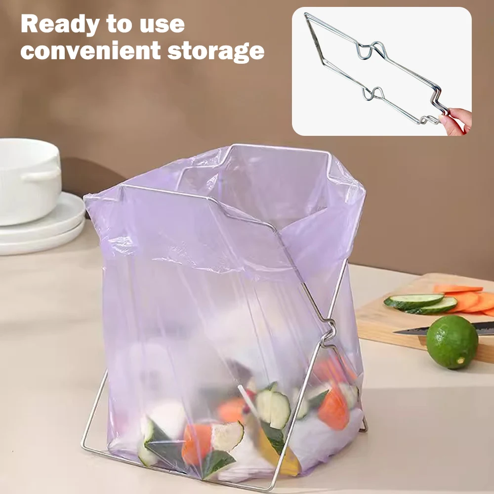 Reusable Stainless Steel Foldable Trash Bag Holder Stand, Countertop Garbage Waste Rack, Portable Kitchen Organizer