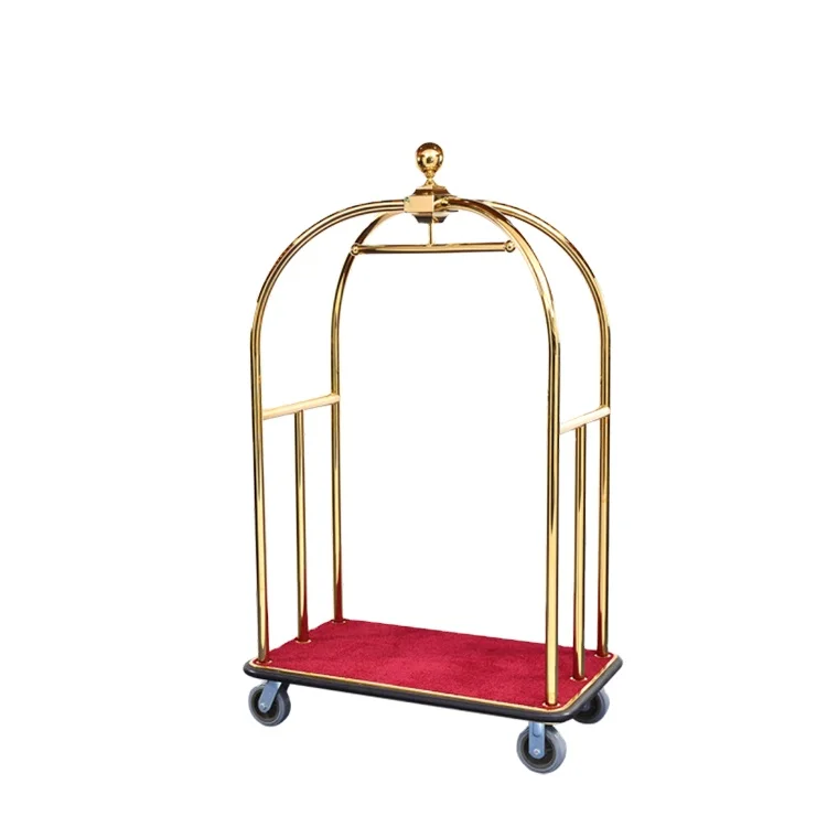 High-End Stainless Steel Birdcage Carts for Hotels Gold Heavy-Duty Luggage Trolley Lobby Amenities