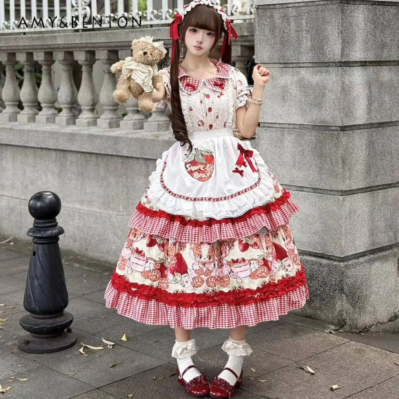 

Sweet Cute Lolita Dress Pastoral Style Temperament Elegant Evening Dresses Kawaii Printed Doll Collar Bubble Sleeve Tutu Dress
