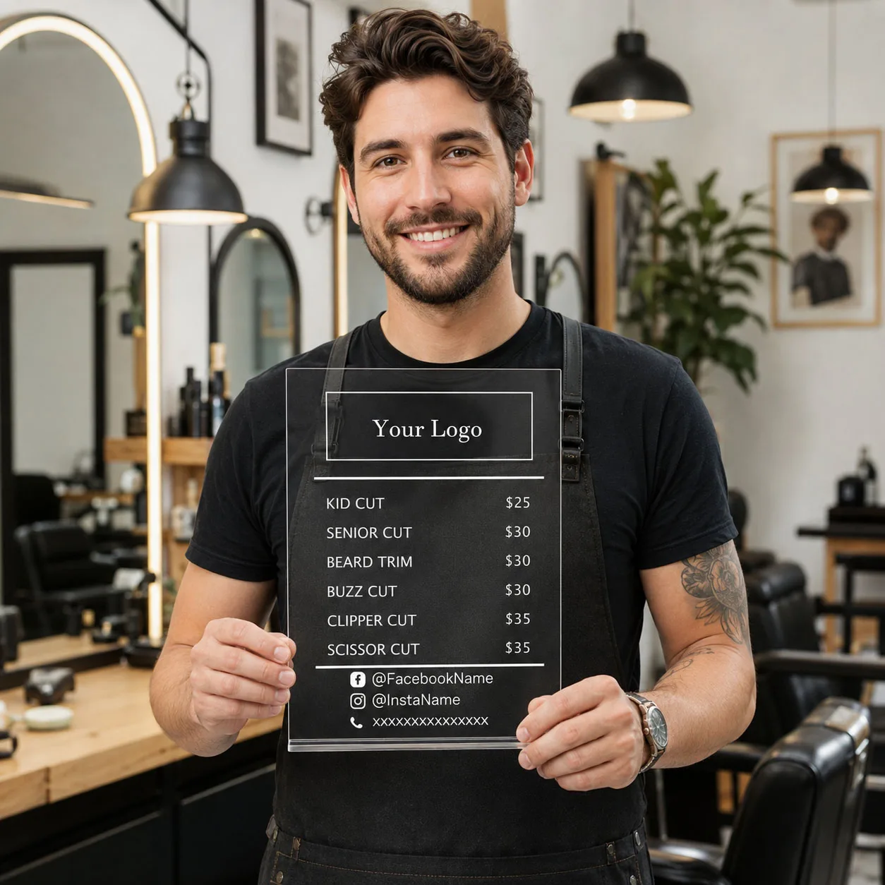 Personalized Acrylic Price List Sign With Stand Custom Business Logo Pricing Board Desktop Service Menu Plaque for Barber Shop view 3