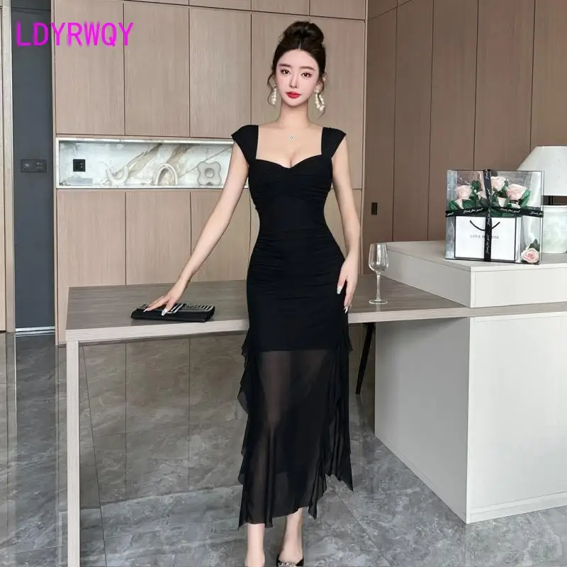 Mesh semi transparent square neck dress with ruffle edge splicing and slit