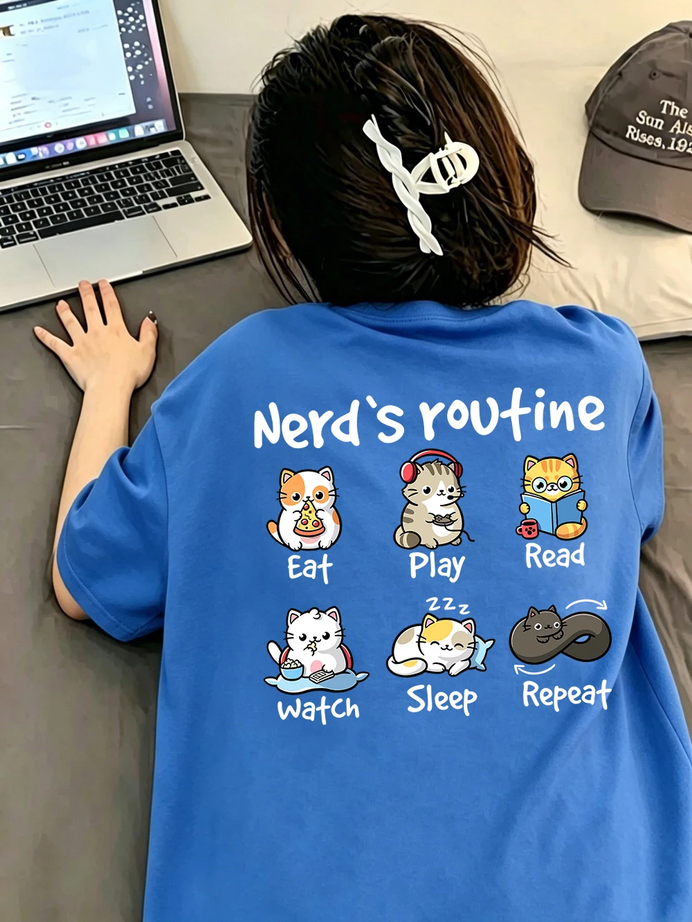 Women T-Shirt Cotton Summer Cat Loop Eat Play Read Sleep Prints Short Sleeve Tees O-Neck Comfortable Loose Tops Basic Clothes