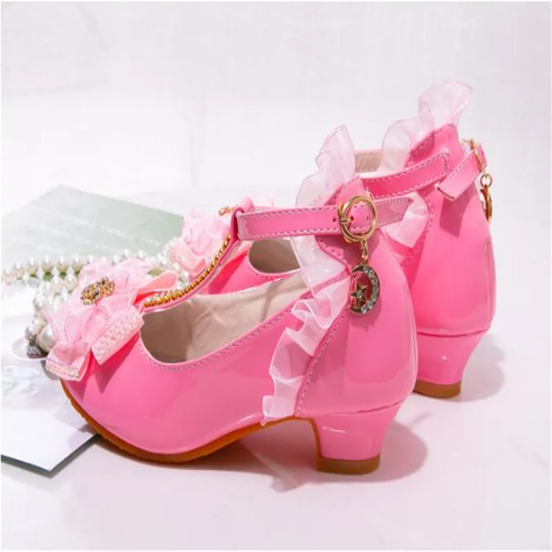 Children Party Leather Shoes Girls PU Low Heel Lace Flower Kids Shoes For Girls Single Shoes Dance Dress shoe White Pink