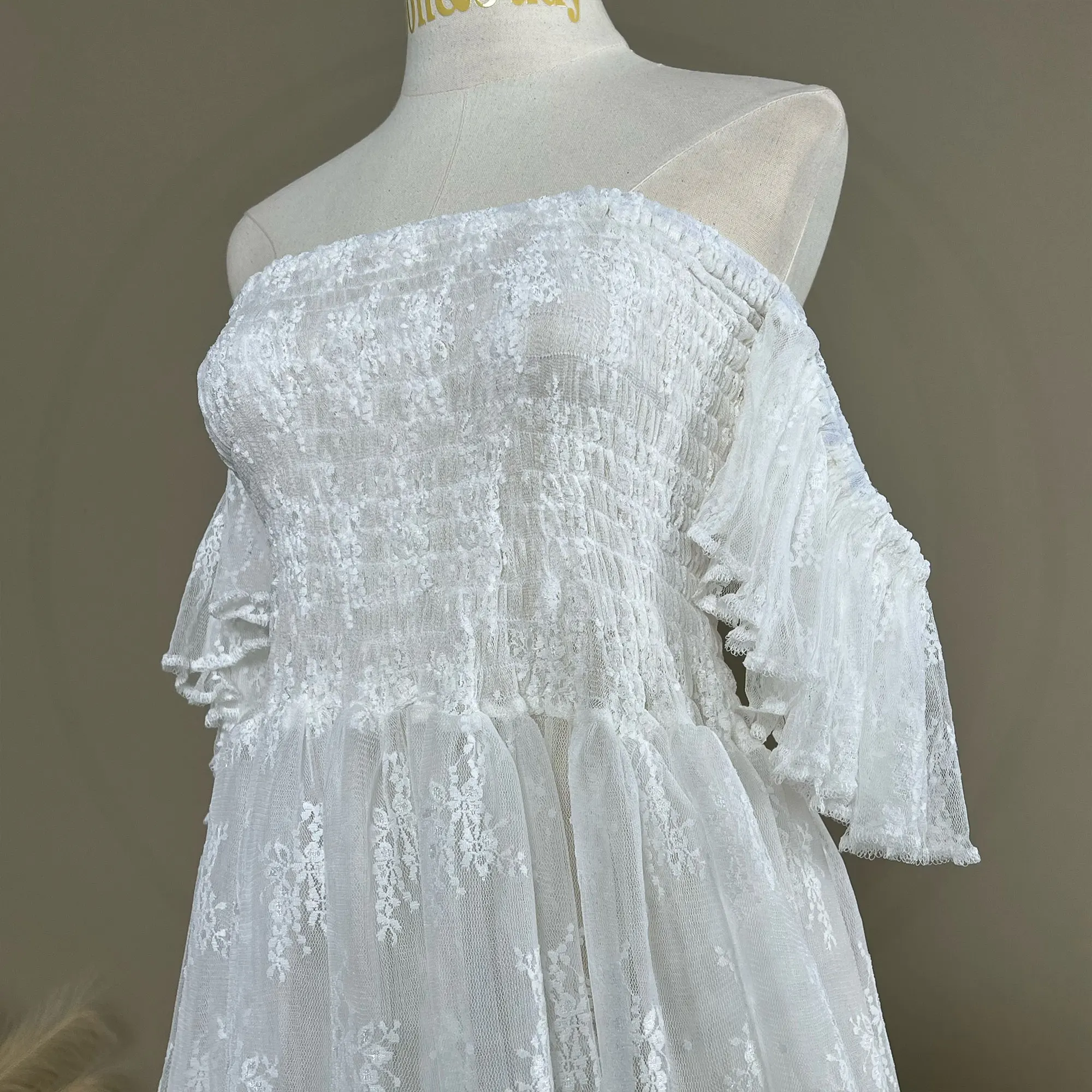Don&Judy Off-Shoulder Embroidered Tulle Gown with Ruffled Sleeves & Long Train Romantic Bridal Baby Shower Dress Maternity