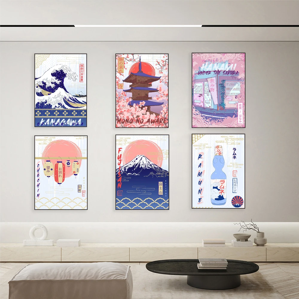 Japanese culture landscape poster, Bushido Katana, Mount Fuji, Koi, Crane, Kokeshi, Kanagawa Animal Ramen Food Wall Home Decor
