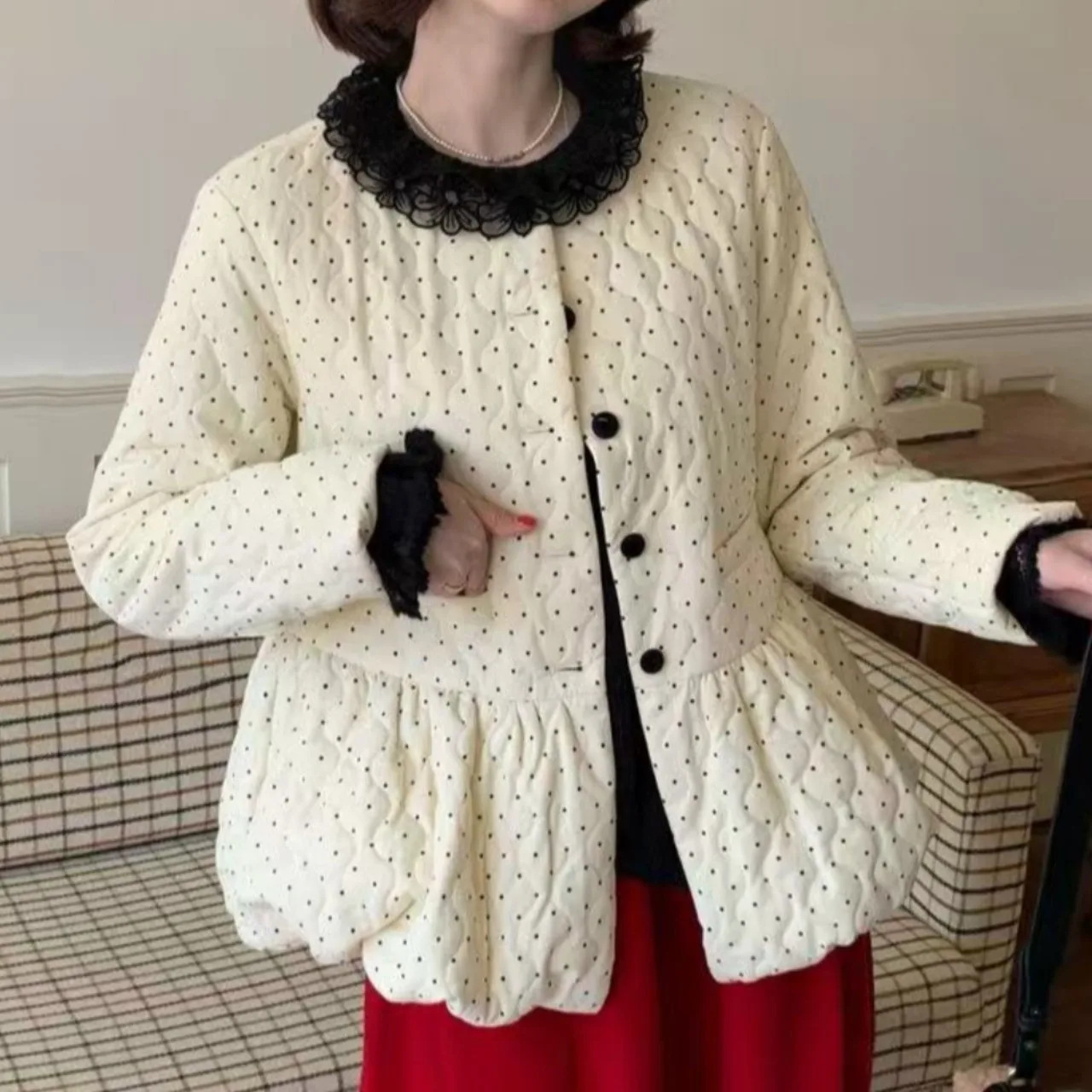 

Шикарный ретро-цет в горошек, круглый хлопковый джет, женский топ Hepburn Sle ort с завязкой на талии, корейская версия, прямая трубка