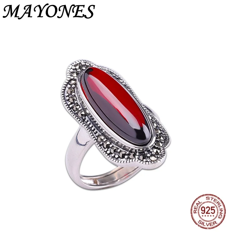 

European style S925 Sterling Silver Oval Red Pomegranate Stone Blue Frosted Stone Ring Women's Retro Charm High-end Jewelry