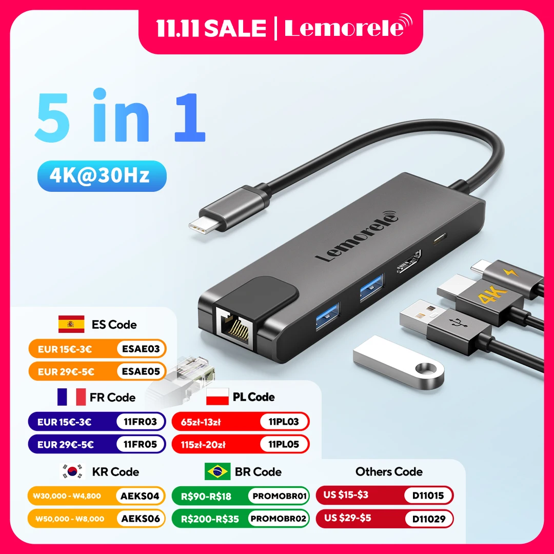 

Док-станция Lemorele 5 в 1, USB C на RJ45 Gigabit Ethernet 4K HDMI