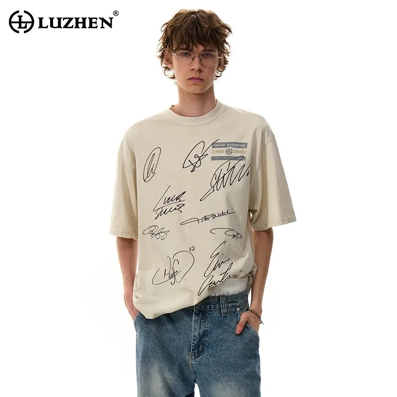 

LUZHEN American Street Sports Style Graffiti Print Short Sleeve T-Shirt Men's 2025 Summer Cotton Loose Tops High Quality JY3309
