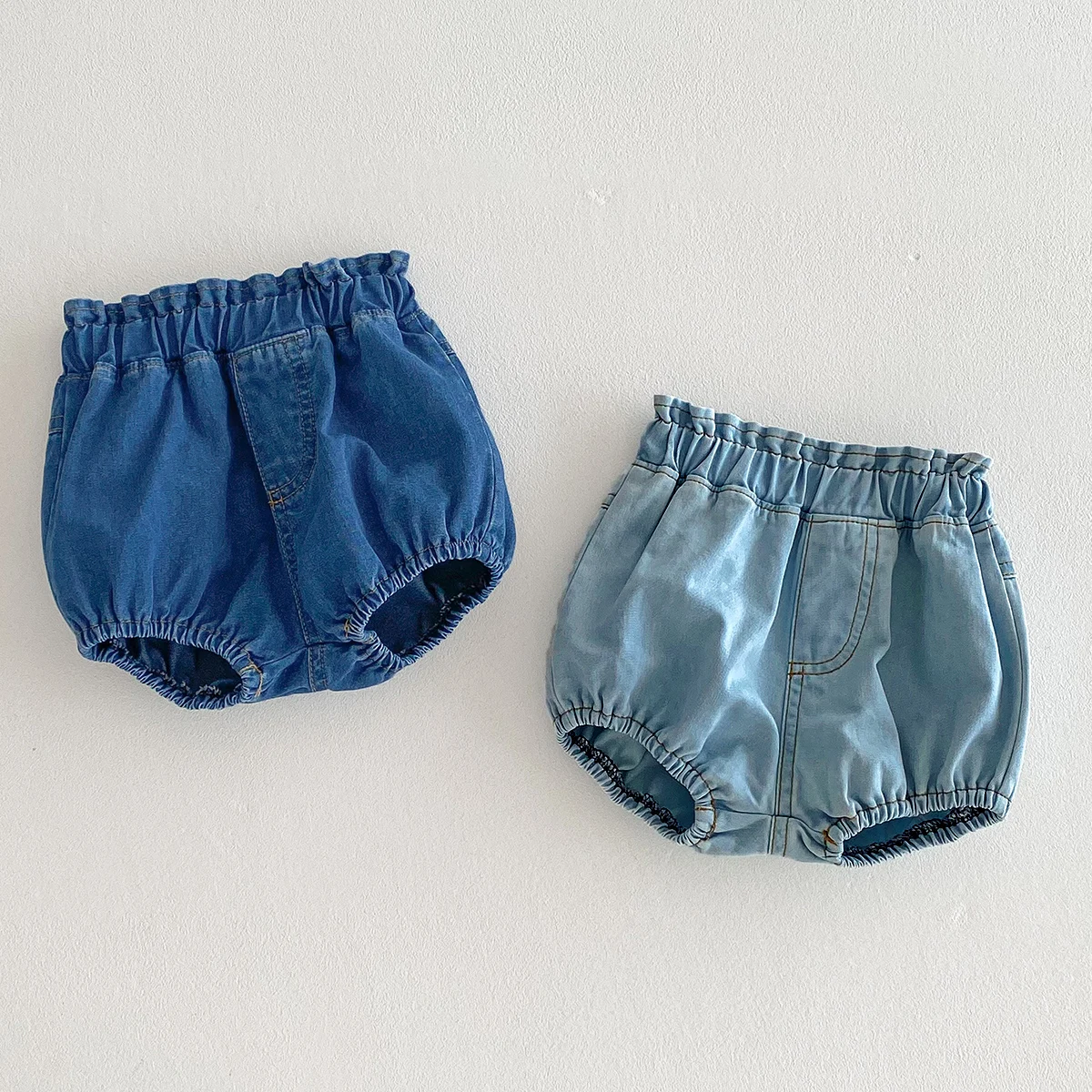 Baby Denim Bloomers Shorts Newborn Soft Cozy Cotton Toddler Boys Girls Summer Shorts Pants Ruffles Waist Kids Clothing 0-3T image 3
