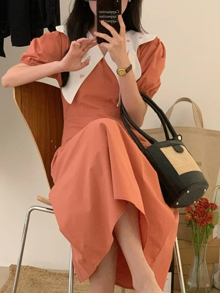 발레 슬리브 드레스 자수 나비 칼라 헵번 스타일 롱 스커트 한국 스타일 봄 여름 가을 겨울 유니버설