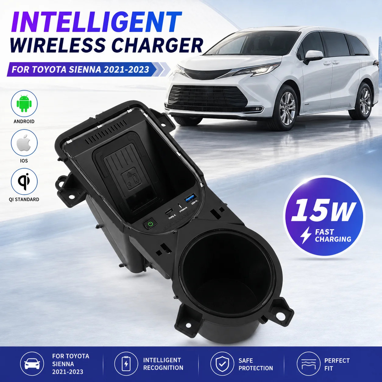 15W Wireless Charger for Toyota Sienna 2022/2023 Car Fast Charging Phone Holder Center Console Compatible with Most Qi Devices