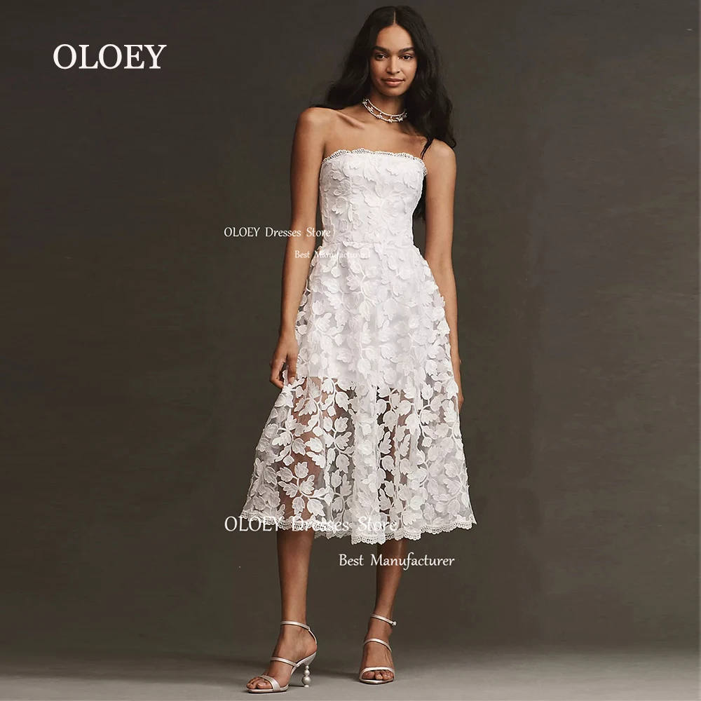 OLOEY Exquisite Lace Strapless Wedding Dress Photoshoot A-Line Tea Length Bridal Gown Ivory Vestido De Noiva Zipper Back Custom