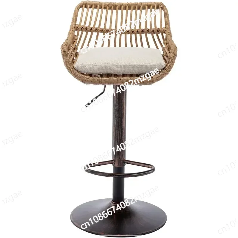Rattan Bar Stools, Adjustable Barstools with Linen Cushion, 360° Swivel Bar Stool with Low Back & Footrest, Classical Barstool