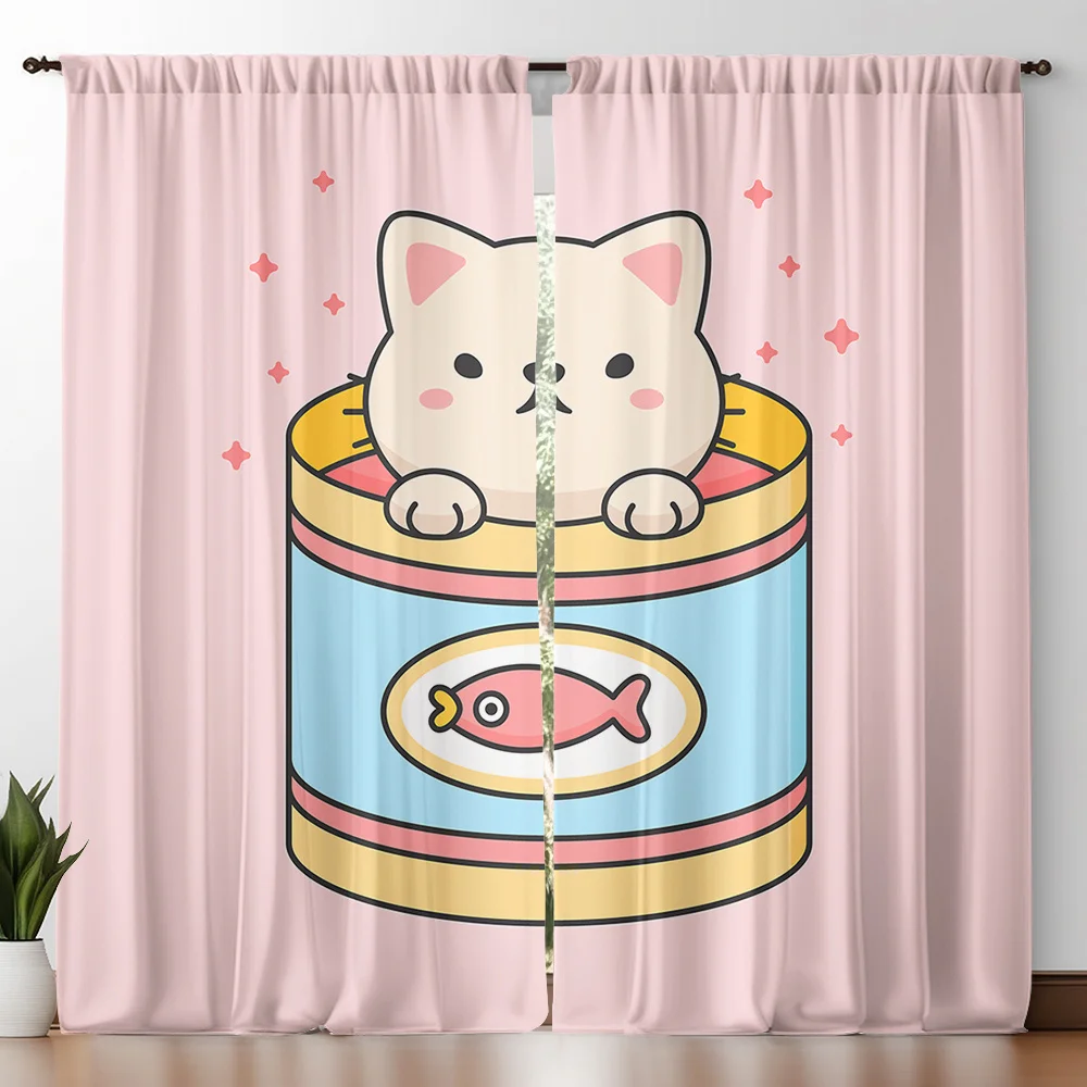 Kawaii Cat in Fish Can Curtains Set of 2 Rod Pocket Semi Sheer Pink for Kids Room Bedroom Decor