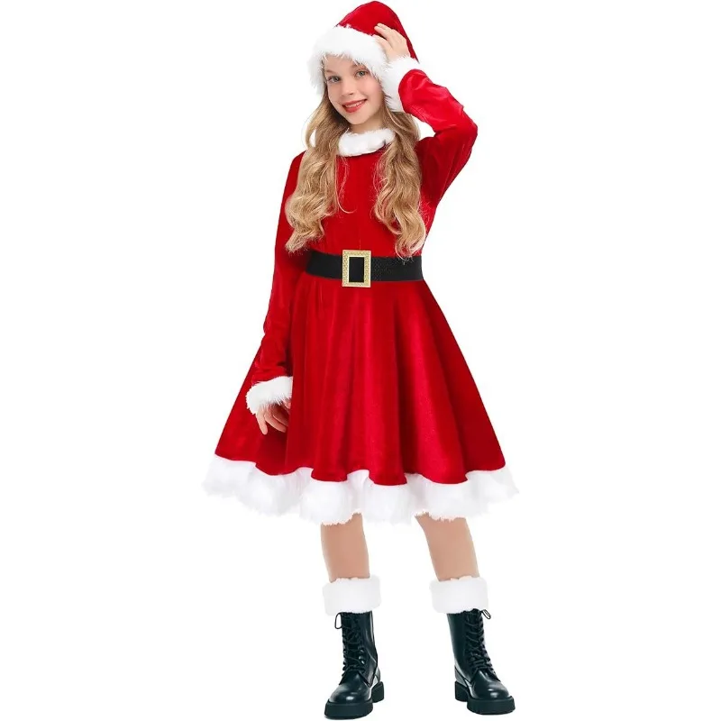 New Christmas Cosplay Costume Long Sleeved Solid Color Dress Hat Set Holiday Performance Party Role Playing Outfits for Girls