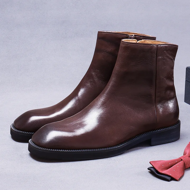 Solid Color Top Layer Cowhide Genuine Leather Men\'s Ankle Boots Vintage Boots Wide Round Toe Zipper British Style High Top Shoes