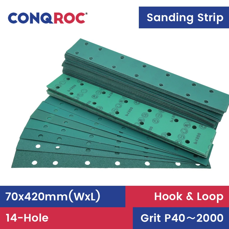50pcs 70x420mm 14-Hole Long Sanding Strips Aluminum Oxide Polyester Film Hook & Loop Dry or Wet Abrasive Sheets for Paint Repair