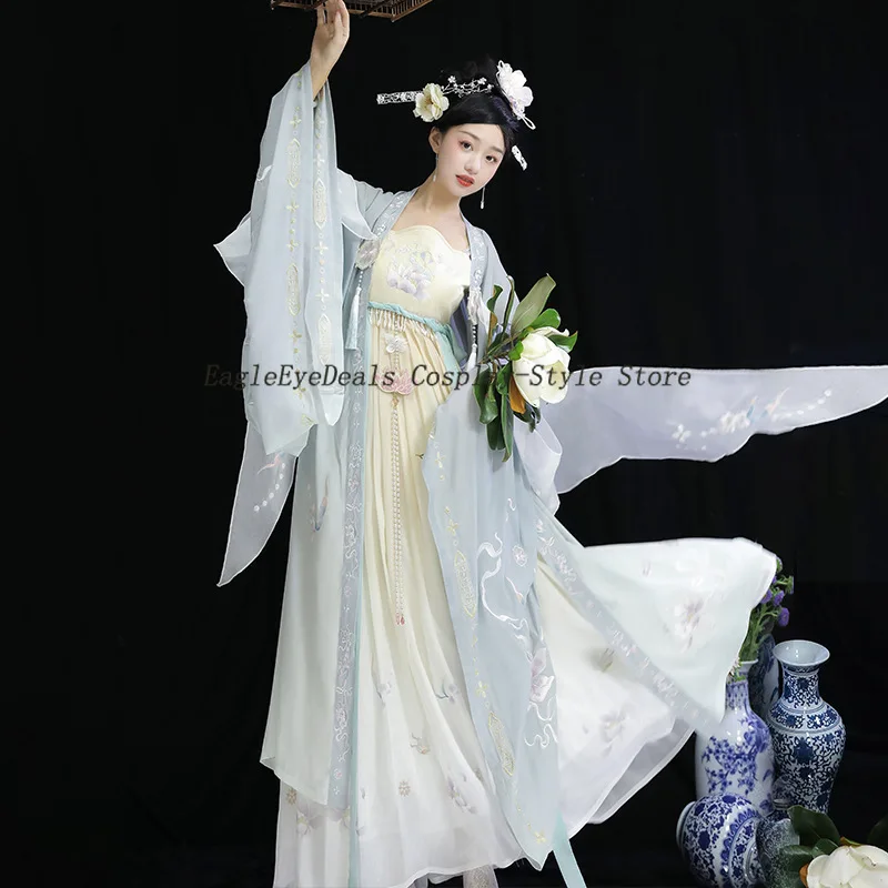 النمط الصيني الخريف المياه fuchu Hanfu الإناث تانغ نمط بلسم تنورة الحرير قميص كبير الأكمام ثلاث قطع مجموعة بدلة كاملة الطرف