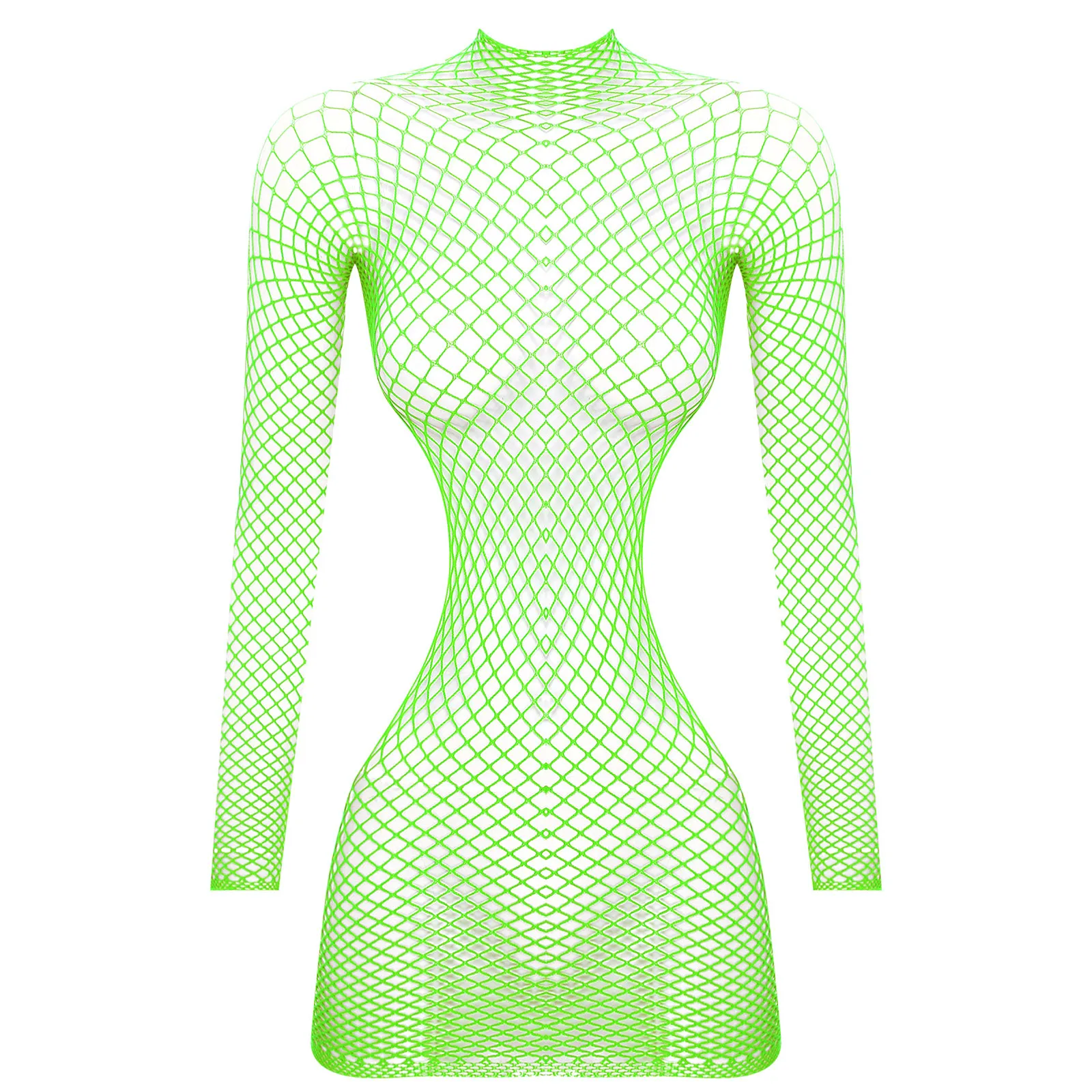 Womens See Through Fishnet Lingerie Dress Long Sleeve Backless Stretchy Transparents Bodycon Dress Swimsuit Bikini Cover Up