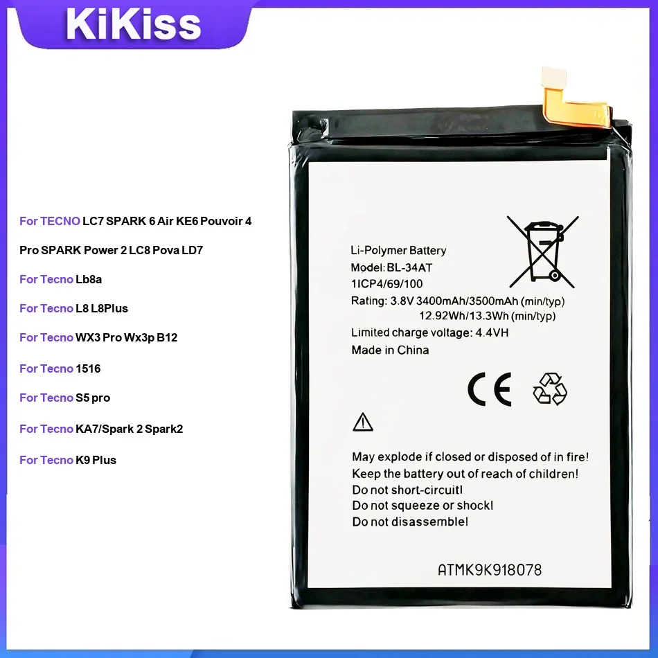 Battery For TECNO LC7 SPARK 6 Lb8a L8 L8Plus WX3 Pro Wx3p B12 1516 S5 pro KA7 K9 Plus  it1516 BL-58BT BL-58AT BL-50CT BL-49CT