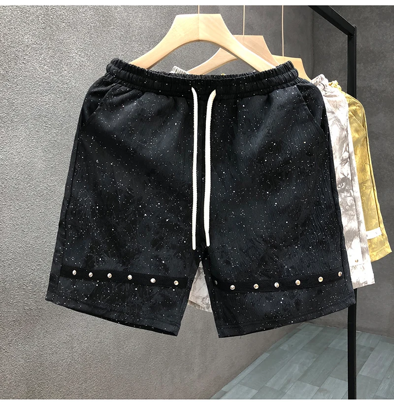 Korean Summer New Fashion Printed Rivet Shorts Handsome Sunshine Men's Loose and Versatile Casual Drawstring Five-point Pants