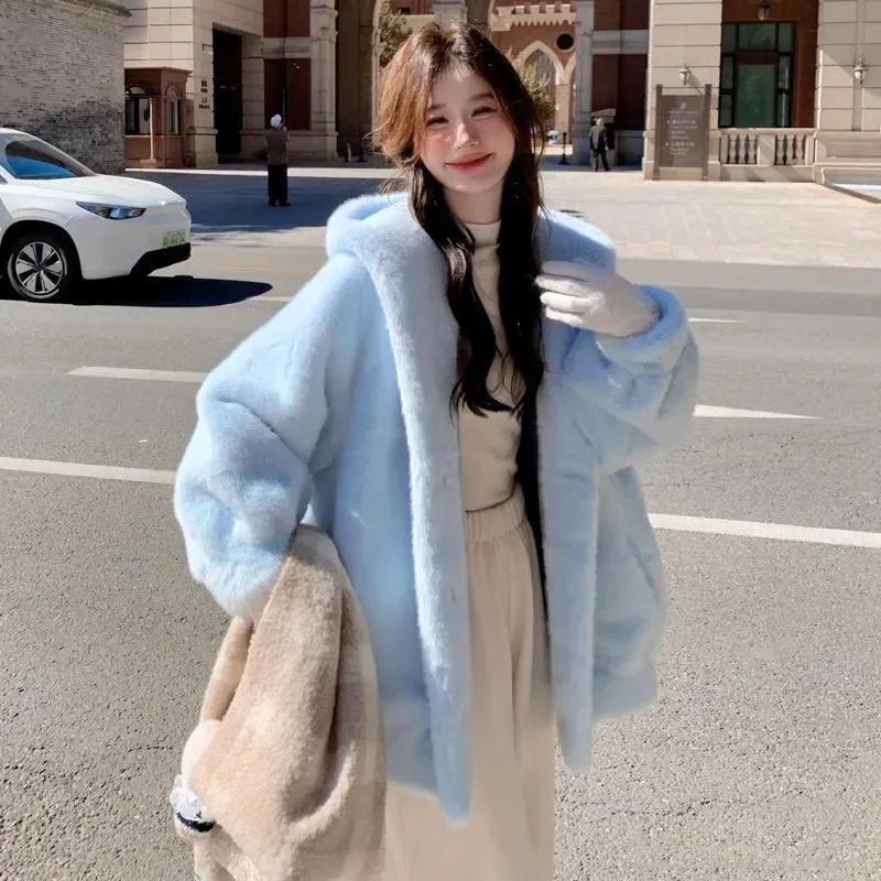 韓国レディースファッションカジュアルプラッシュジャケット2025女性用長袖ファーアウター秋冬レディースミディアム丈フェイクファーコート