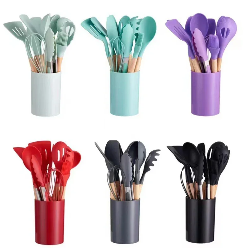 12 Pieces Silicone Cooking Utensils Set Non-stick Cookware Spatula Shovel Egg Kitchenware Beaters Wooden Handle Kitchen Tool