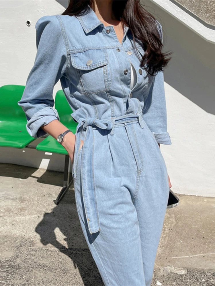 

Легкий джинсовый комбинезон, повседневные хлопковые брюки с высокой талией, женский модный костюм, комплект весны и осени, Новое поступление