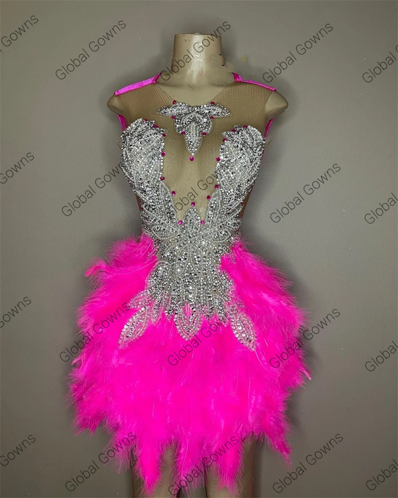 Robe de Rhcourte rose transparente à col rond pour filles noires, robes de soirée d'anniversaire, mini zones de cocktail, plumes de cristal perlées, sexy