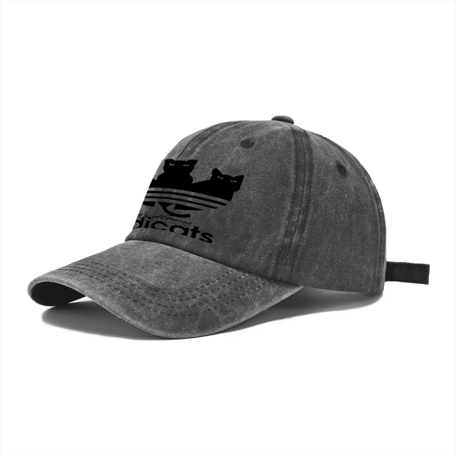 Vintage Washed Baseball Cap Unisex Distressed Snapback Hat Grey Three Black Cats Embroidery Adjustable Dad Hat Streetwear
