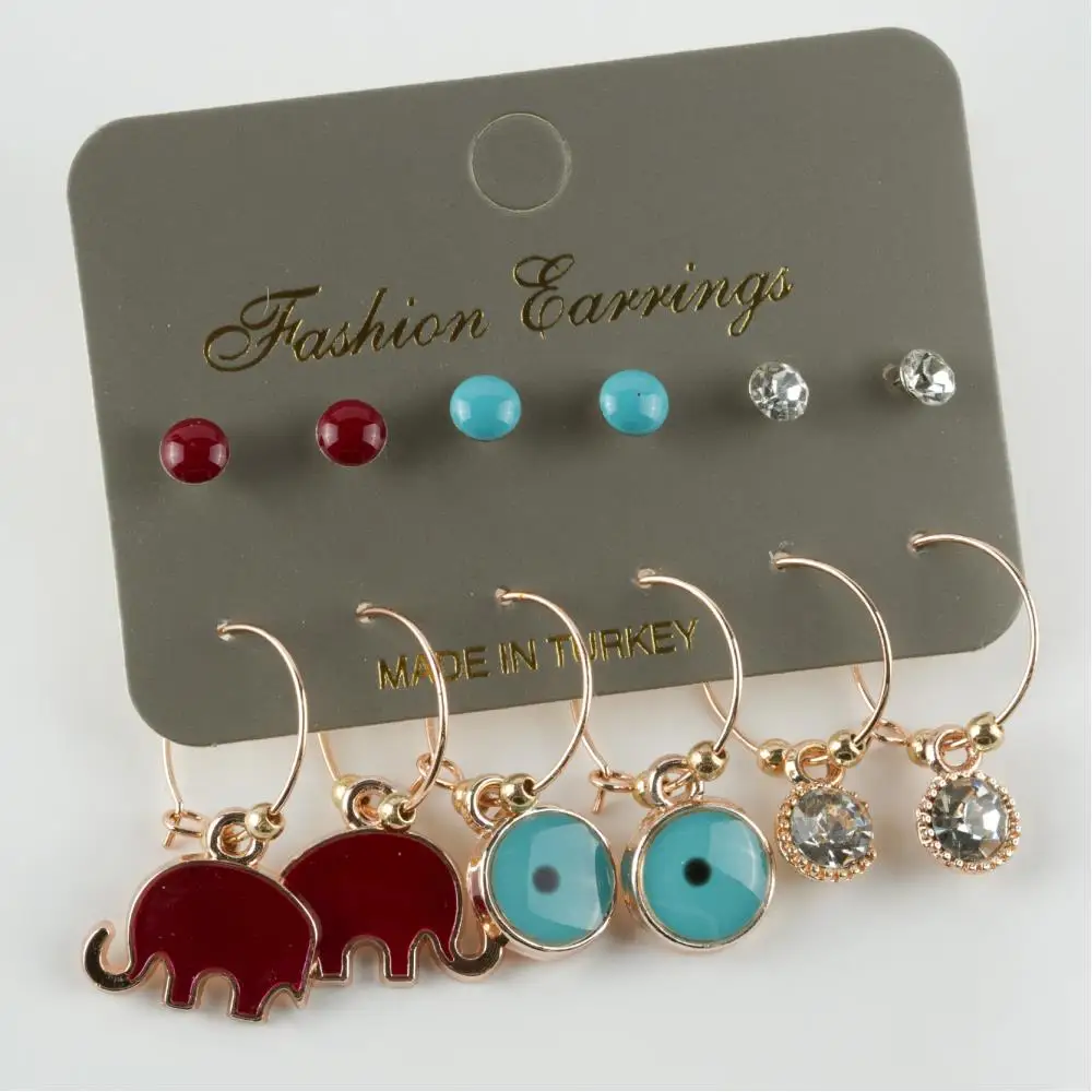 12'li Elephant Figured Cabochons Ring Earrings