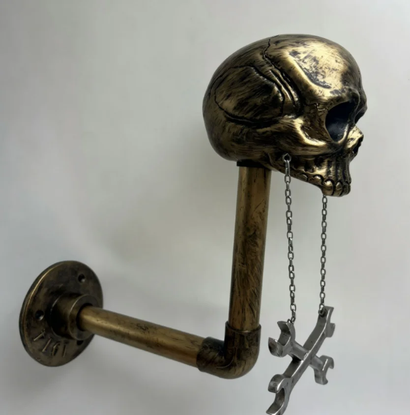 Vintage Skull Wall Mount Helmet Holder, Industrial Pipe Wrench Design Motorcycle Helmet Rack, Wall Hanging Helmet Storage for