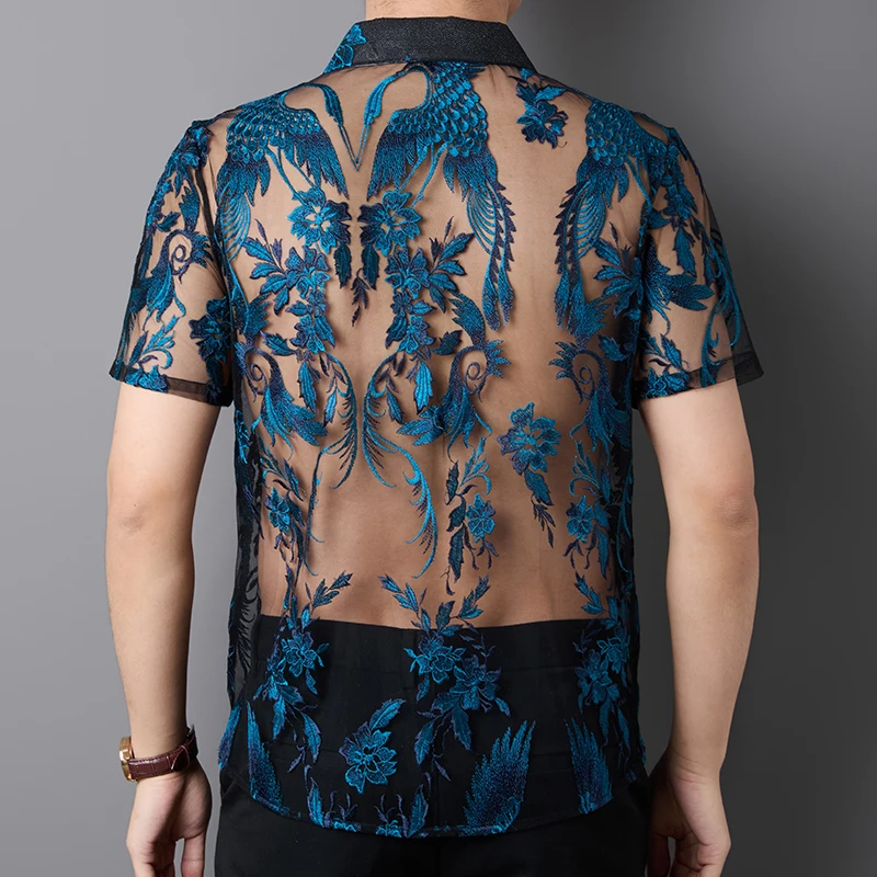 See Through Men  Night Club Clothes Sexy Hollow Mesh Shirt Short Sleeve Tops Embroidery Floral Transparent Dress Shirt