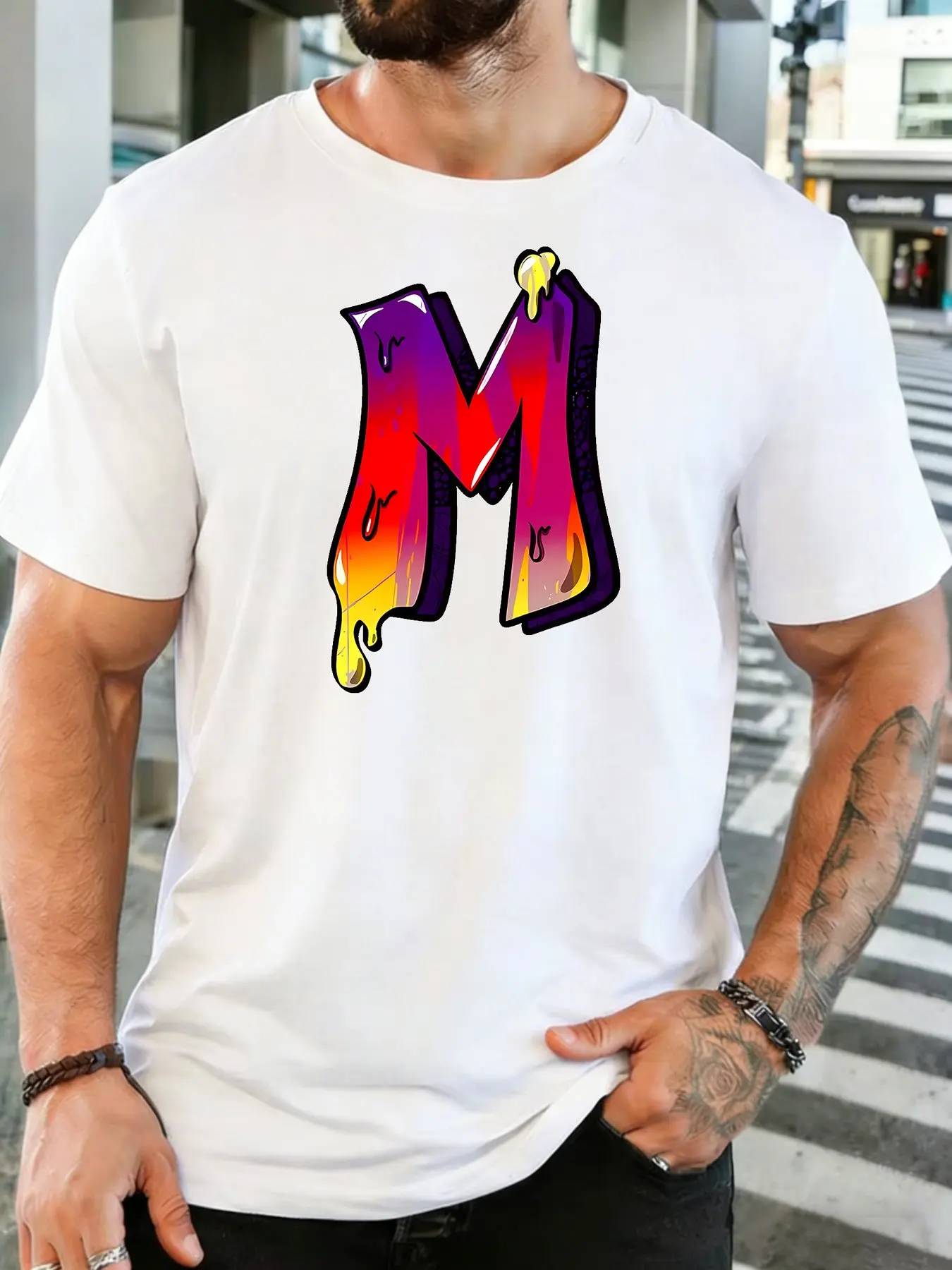 Men Soft Cotton Crew Neck Tee Glossy Drip Gradient Letter M Graffiti Print Loose Hip Hop Street Daily Outdoor Holiday Tops