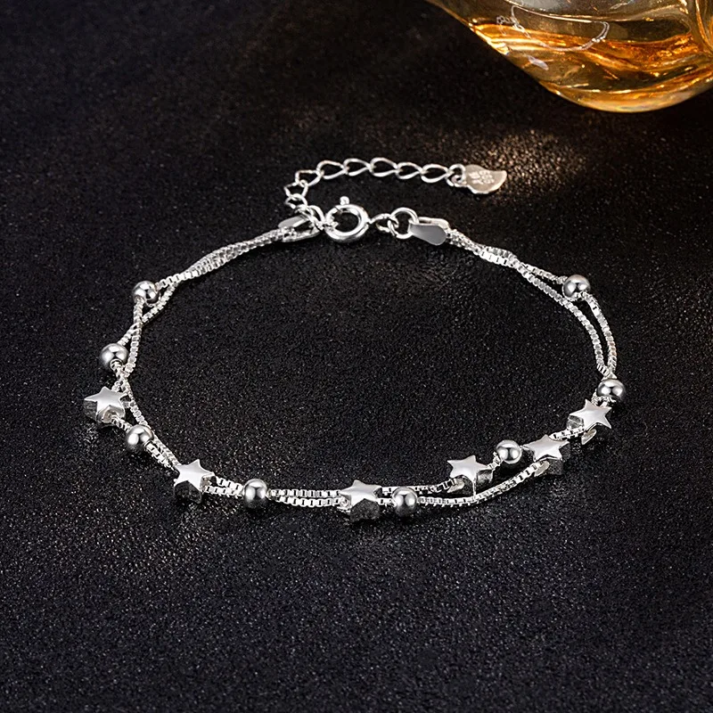 925 فضة ستار أساور للنساء الأزياء الكورية الخماسية مزدوجة الطبقات سحر سوار المجوهرات الأصلية الفاخرة